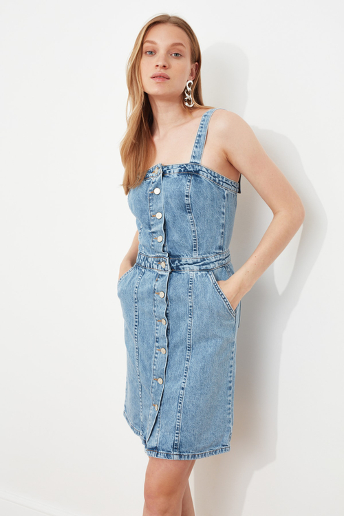Buy Strappy Square Neck Denim Shirt Midi Dress Blue For Women Styli UAE