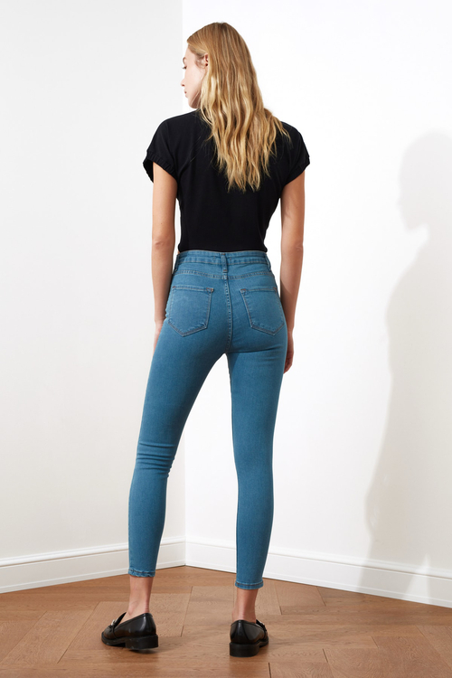 Buy High Waist Woven Skinny Jeans with Pocket and Belt Loops Blue For Women Styli Saudi