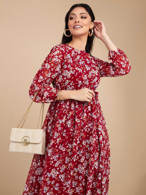 Buy 3 4 Sleeves Round Neck Floral Print A Line Maxi Dress Red For Women Styli Saudi