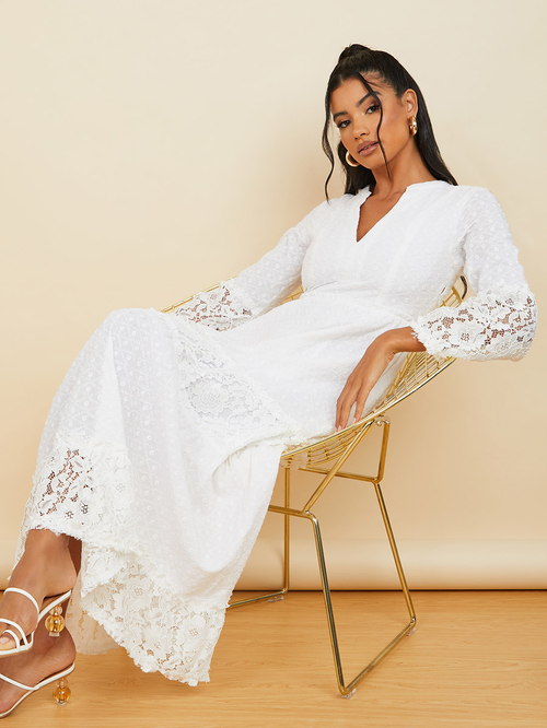 Buy Long Sleeves Lace Insert Tiered Maxi Dress with Notch Neck White For Women Styli UAE
