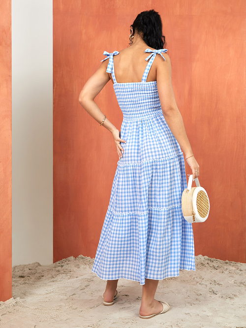 Buy Strappy Neck Gingham Check Tiered Midi Dress Light Blue For Women Styli Kuwait