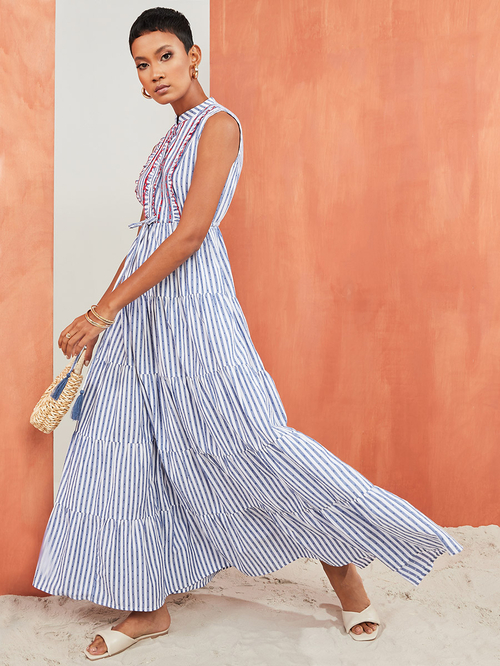 Buy Sleeveless Striped Cotton Tiered Maxi Dress with Embroidered Detail Multi For Women Styli Kuwait