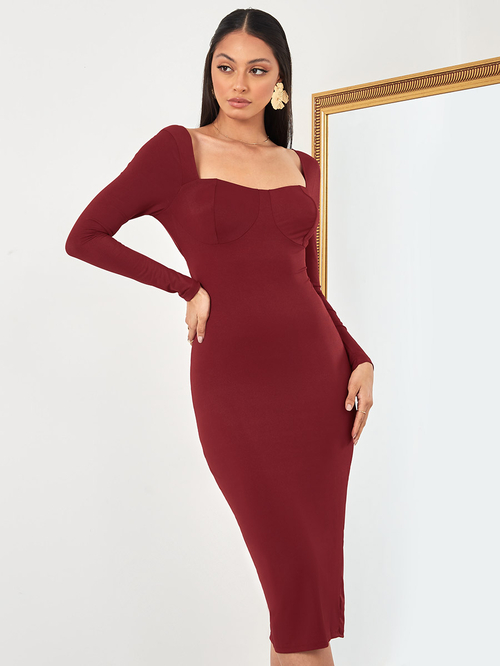 Buy Long Sleeves Sweetheart Neck Bodycon Midi Dress Maroon For Women Styli Bahrain