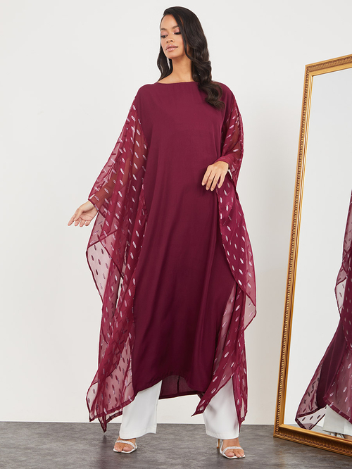 Buy Long Sleeves Boat Neck Kaftan Maxi Dress Maroon For Women Styli UAE