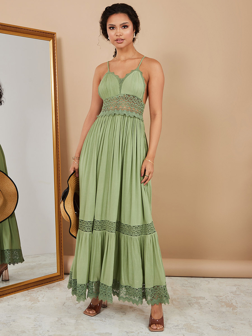 Buy Strappy Crochet Insert Tiered Maxi Dress Green For Women Styli Saudi