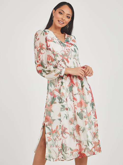 Buy Long Sheer Sleeves Floral Print Midi Dress with Side Slit ...