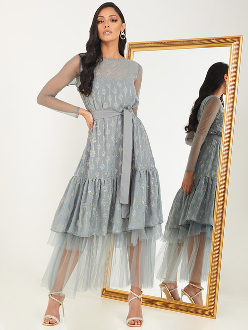 Buy Sheer Dobby Sleeves Embellished Tulle Midi Dress Grey For Women Styli UAE