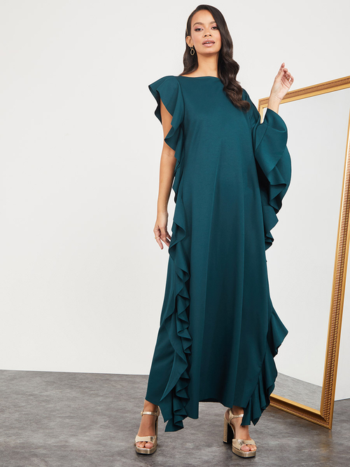 Buy One Long Sleeves Ruffle Detail Kaftan Maxi Dress Green For Women Styli Saudi