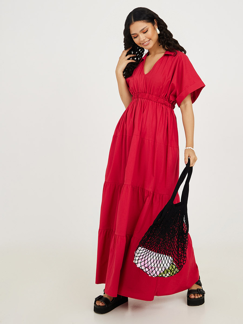 Buy Short Sleeves Empire Waist Tiered Maxi Dress Red For Women Styli Saudi