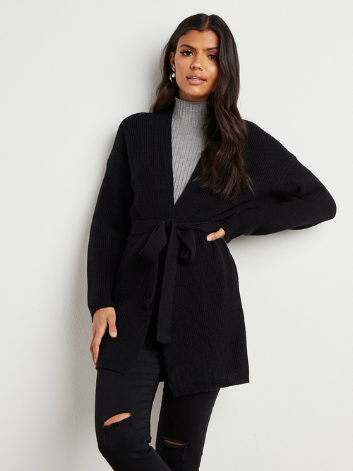 Black cardigan with tie belt on sale