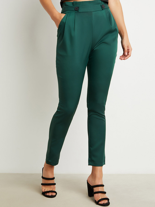 Buy Pleated Waist Skinny Trouser with Zip Closure Green For Women Styli UAE