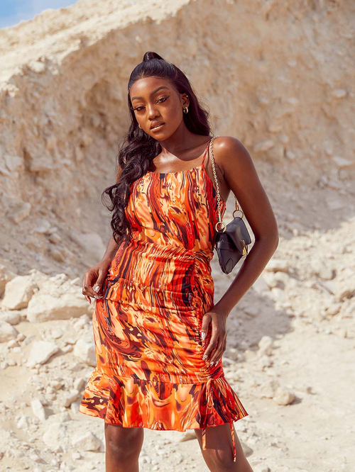 Buy Marble Print Strappy Bodycon Mini Dress Orange For Women Styli UAE