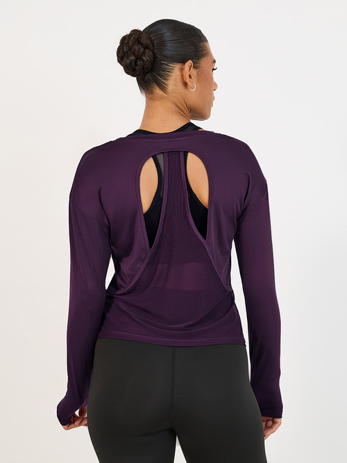 Buy Double Layer Open Back Long Sleeves Yoga Top Burgundy For Women Styli Saudi