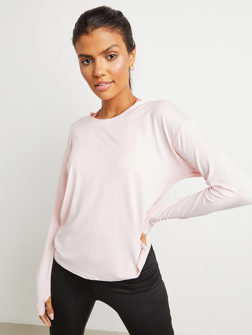 Buy Double Layer Open Back Long Sleeves Yoga Top Pink For Women Styli Saudi