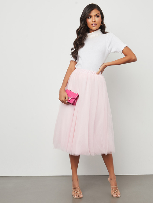 Buy Mesh Insert Tulle Flared Midi Skirt Pink For Women Styli Saudi