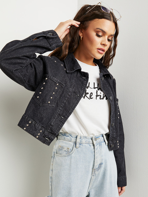 Buy Embellished Stud Detail Denim Jacket Black For Women Styli UAE