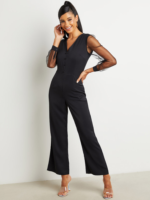 Black jumpsuit with sheer sleeves discount