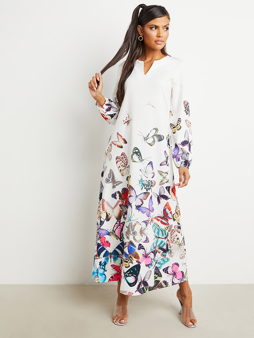 Buy Butterfly Print Notch Neck A Line Maxi Dress White For Women Styli Saudi