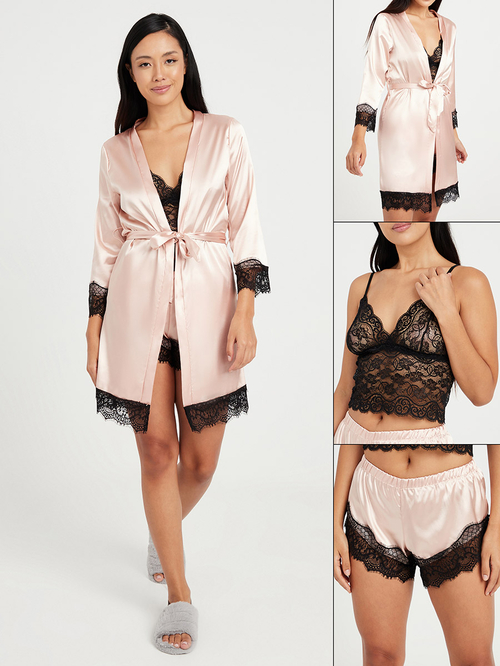 Buy Pack of 3 Lace Trim Bralette Short and Robe Set Pink For Women Styli Bahrain
