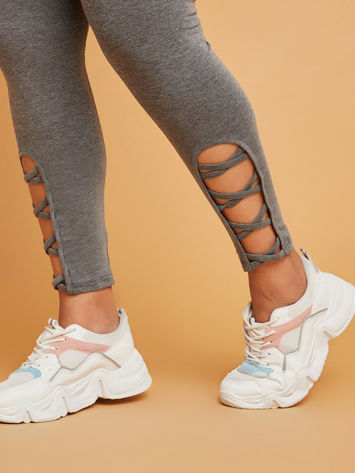 Buy Plus Criss Cross Side Detail Leggings Grey For Women Styli Kuwait