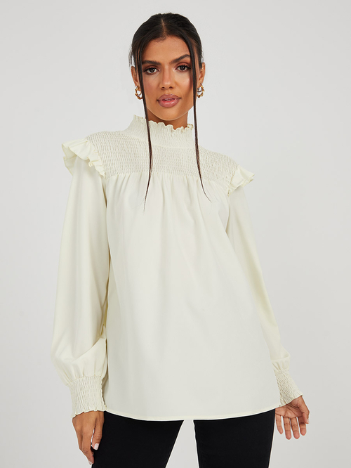 Buy Long Sleeves High Neck Smocked Detail Blouse with Shoulder Frill Cream  For Women | Styli Saudi