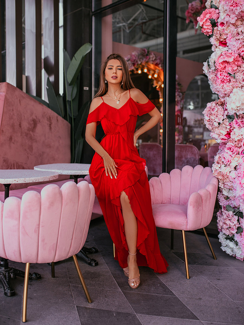 Red cold shoulder dress hot sale