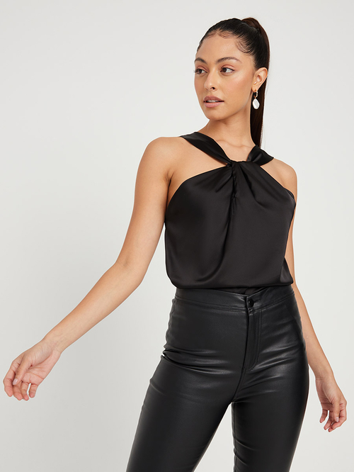 Buy Halter Neck Satin Twist Front Top Black For Women Styli Saudi