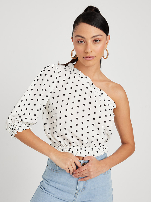 Buy Polka Dot One Shoulder Crop Top White For Women Styli UAE