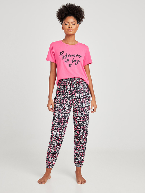 Buy Pyjamas All Day Print T shirt and Abstract Print Cuffed Pyjama Set Multi For Women Styli UAE