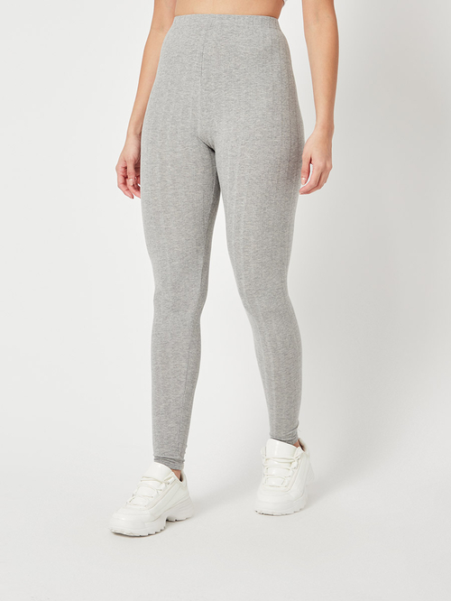 Buy Elastic Waistband Ribbed Cotton Leggings Grey For Women Styli Saudi