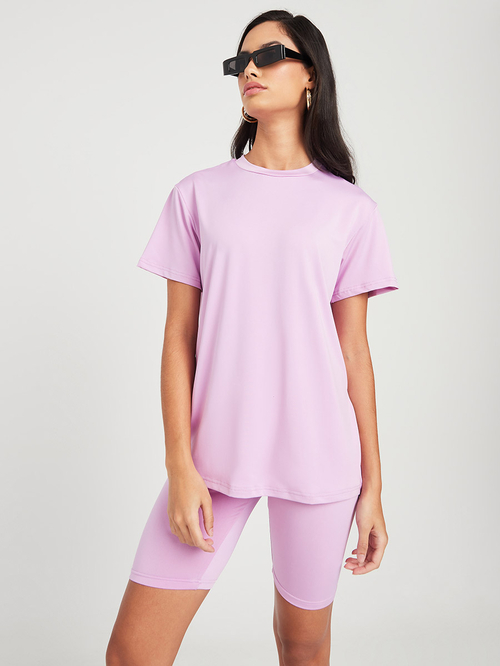 Buy Short Sleeves Knit Regular T shirt and Cycling Shorts Co Ord Set Lilac For Women Styli Saudi