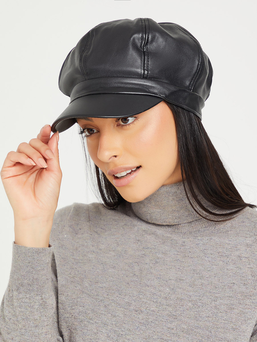 Black leather look cap on sale