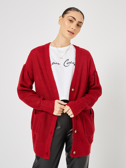 Buy Longline Chunky Knitted Button Down Cardigan Red For Women Styli UAE