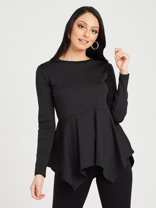 Buy Long Sleeves Peplum Knit Top with Asymmetric Hem Black For Women Styli Kuwait