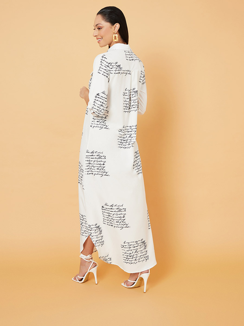 Buy 3 4 Sleeves Newspaper Print Button Through Shirt Maxi Dress White For Women Styli Saudi