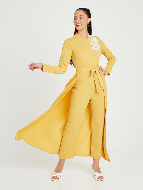 Buy Long Sleeves V Neck Embroidered Straight Leg Jumpsuit with Detachable Skirt Yellow For Women Styli Kuwait