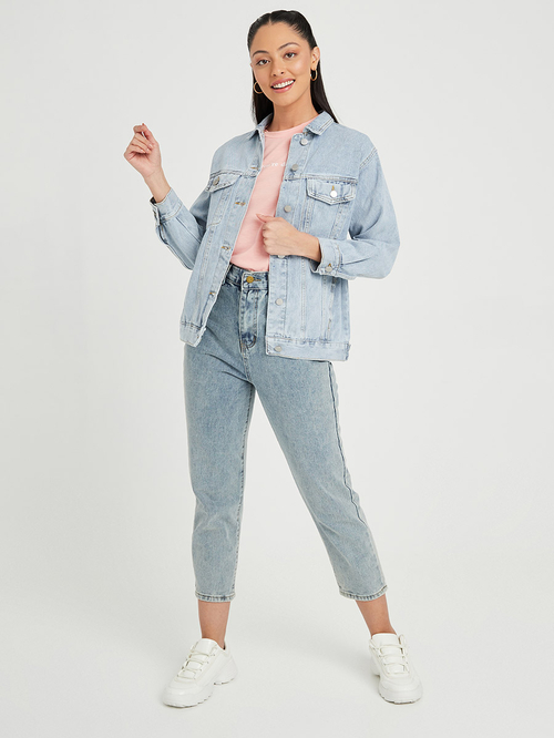 Buy Longline Oversized Denim Jacket Light Blue For Women Styli Saudi