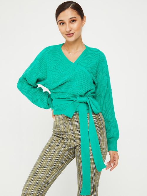 Buy Cable Knit Long Sleeves Wrap Sweater with Tie Belt Green For Women Styli UAE