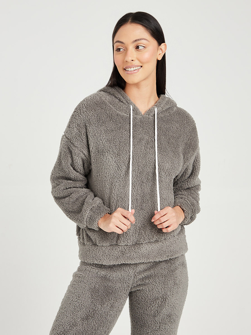 Buy Teddy Fleece Long Sleeves Hoodie and Cuff Pyjama Set Grey For Women Styli Saudi