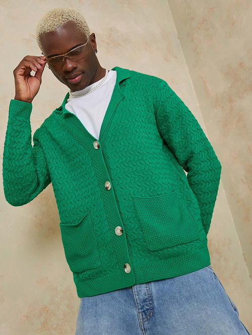 Buy Front Button Chunky Knit Cardigan Green For Men Styli Kuwait