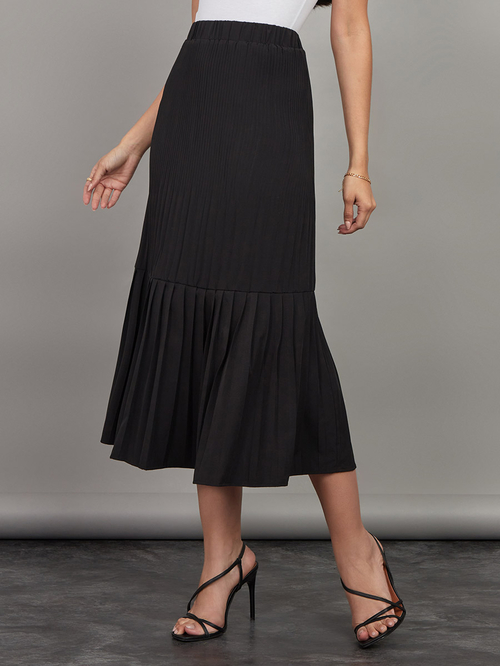 Black tiered pleated midi skirt shop
