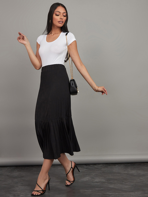 Black tiered pleated midi skirt shop