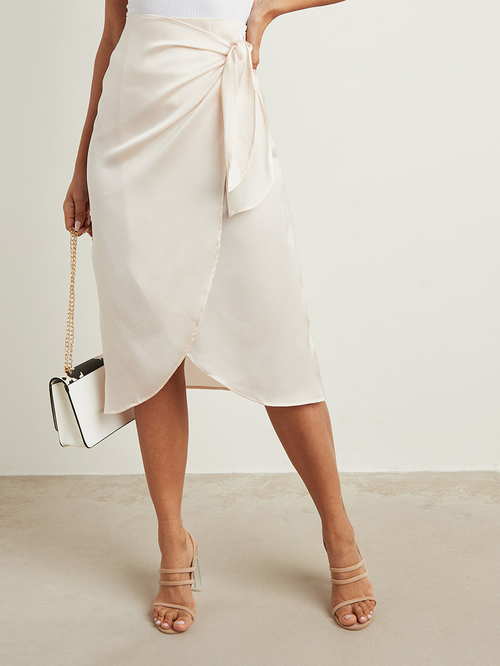Buy Satin Wrap Core Midi Skirt Cream For Women Styli Saudi