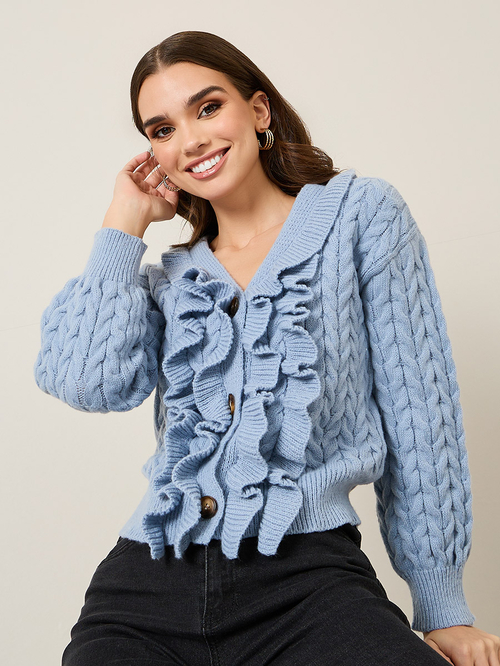 Buy Regular Fit Cable Knit Ruffle Detail Cardigan Light Blue For Women Styli Kuwait