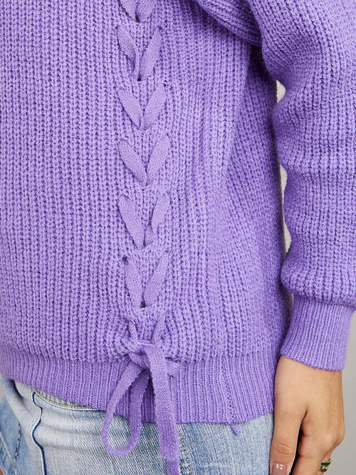 Buy Chunky Knit Side Lace Up Detail Turtle Neck Sweater Purple For Women Styli Kuwait