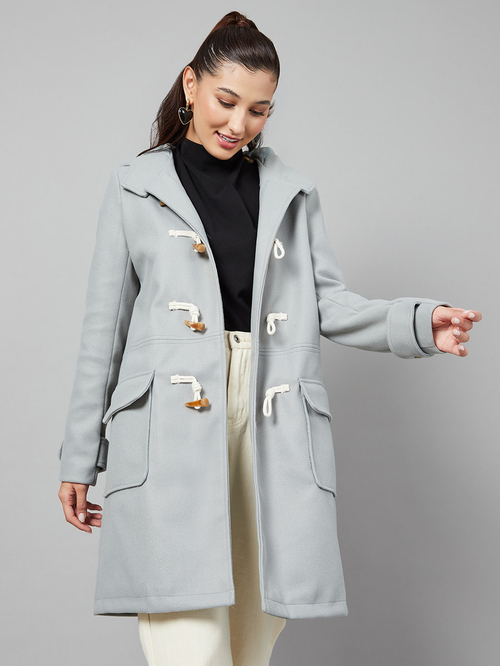 Buy Longline Wool Like Hooded Coat with Toggle Loop Closure Grey For Women Styli UAE