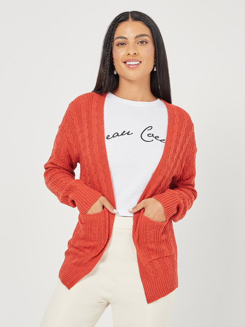 Buy Long Sleeves Cable Knit Regular Cardigan with Pocket Detail Rust For Women Styli Saudi