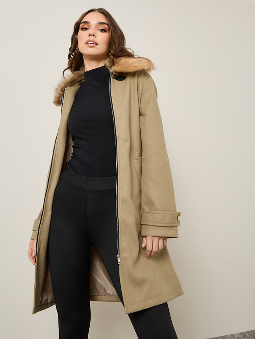 Buy Faux Fur Collar Longline Wool Like Coat with Front Zip Brown For Women Styli UAE