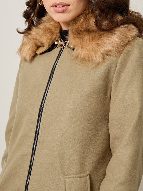 Buy Faux Fur Collar Longline Wool Like Coat with Front Zip Brown For Women Styli UAE