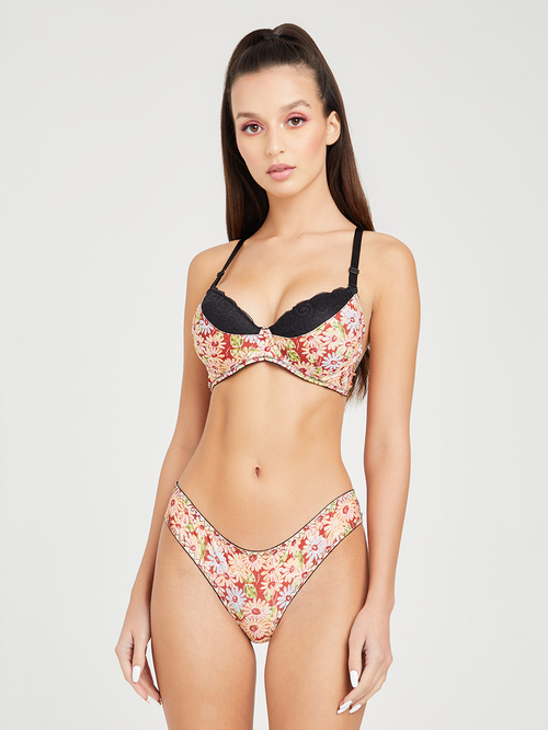 Padded Wired Floral Print Contrast Lace Plunge Bra and Brazilian Set